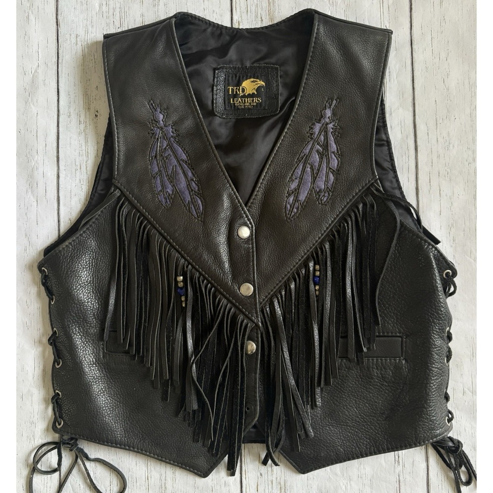 TRD Leathers Fringe Leather Biker Vest Black Womens L